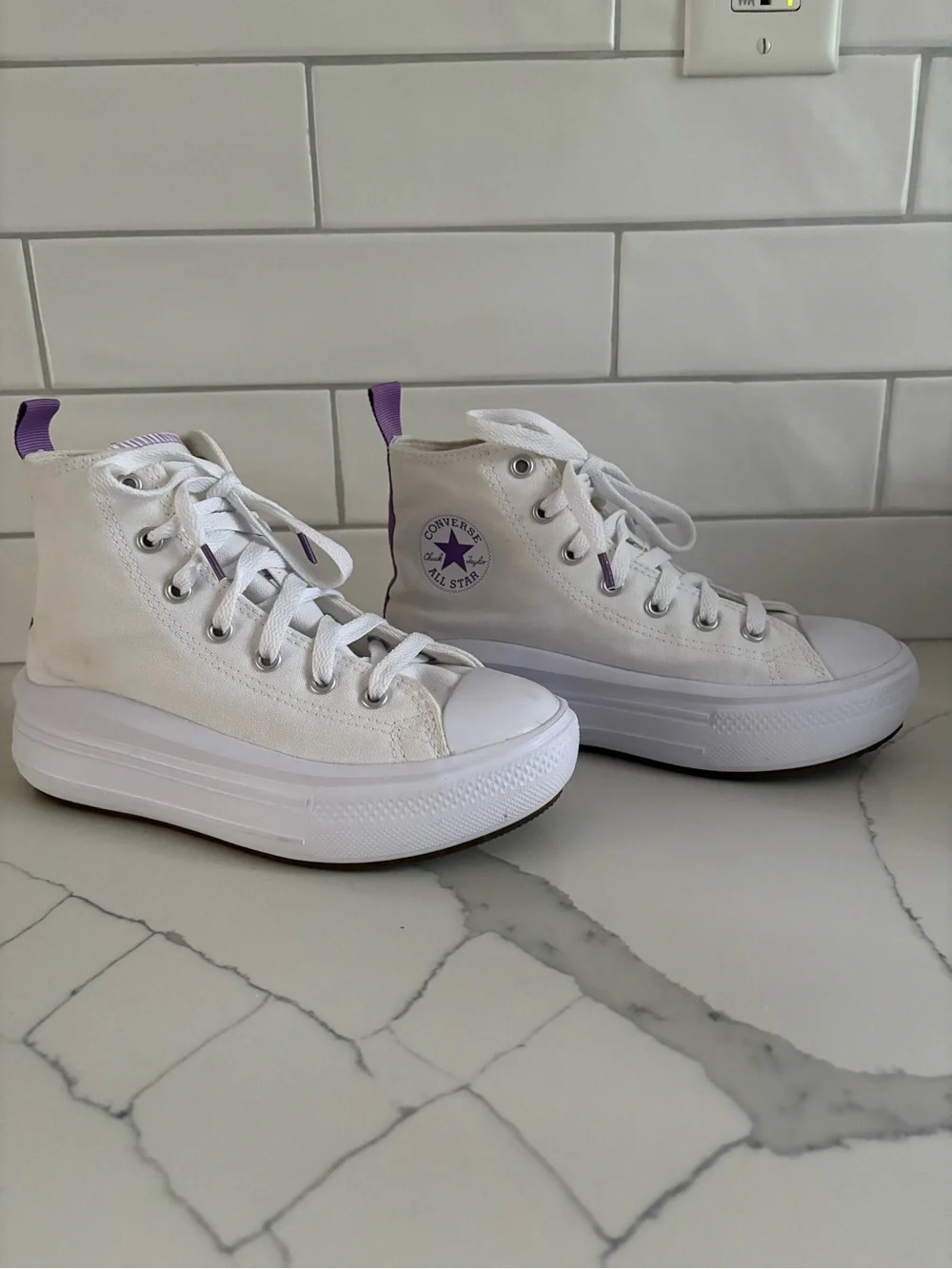 CONVERSE High Top Platform Sneakers in White with Purple Logo